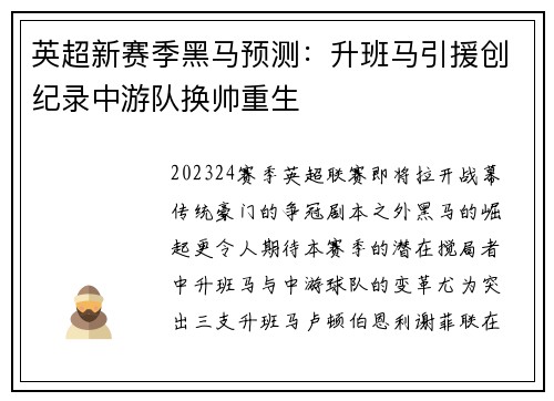 英超新赛季黑马预测：升班马引援创纪录中游队换帅重生