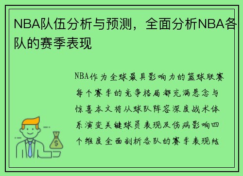 NBA队伍分析与预测，全面分析NBA各队的赛季表现