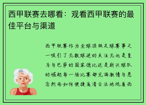 西甲联赛去哪看：观看西甲联赛的最佳平台与渠道