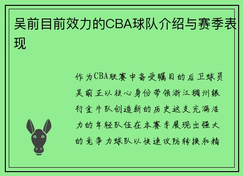 吴前目前效力的CBA球队介绍与赛季表现