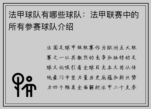 法甲球队有哪些球队：法甲联赛中的所有参赛球队介绍